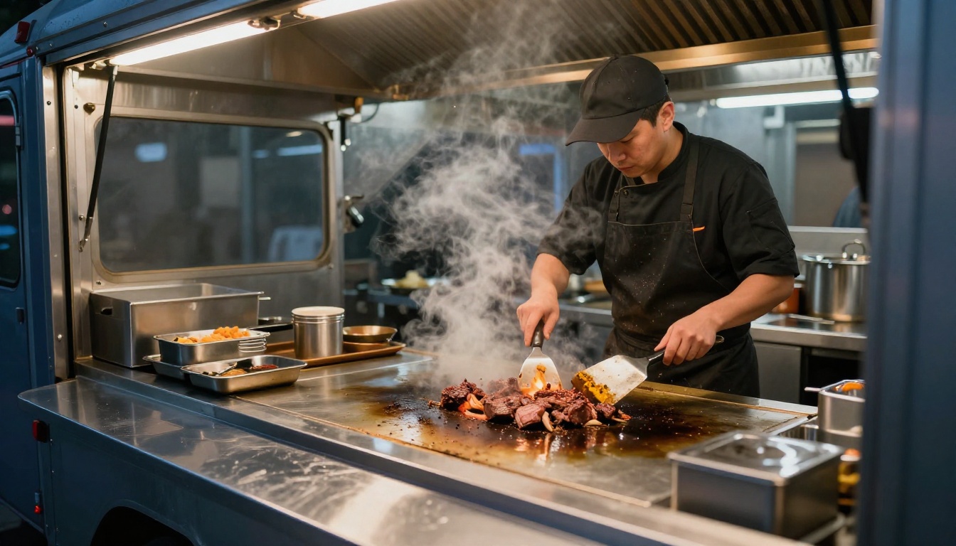 Line cook searing marinated galbi on a flat-top grill inside the Seoul Fuego food truck