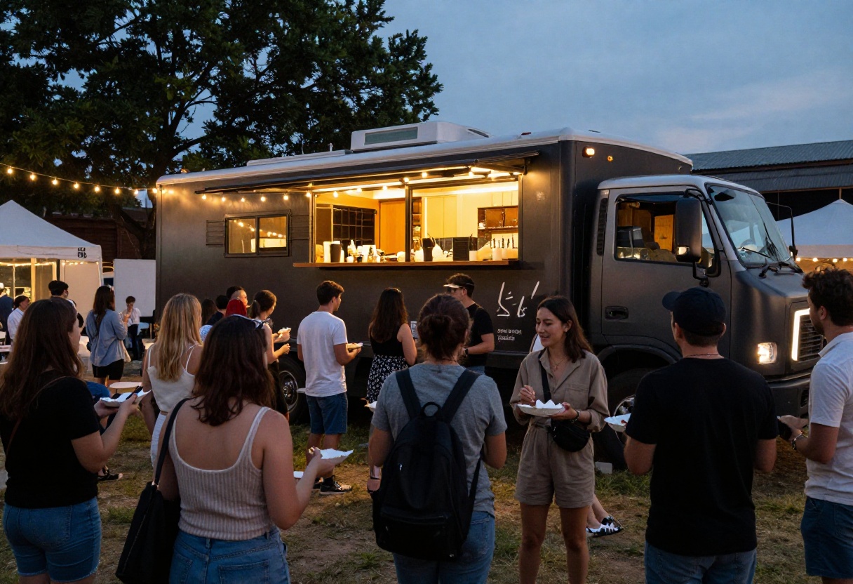 Seoul Fuego food truck serving tacos at an outdoor evening reception in Los Angeles