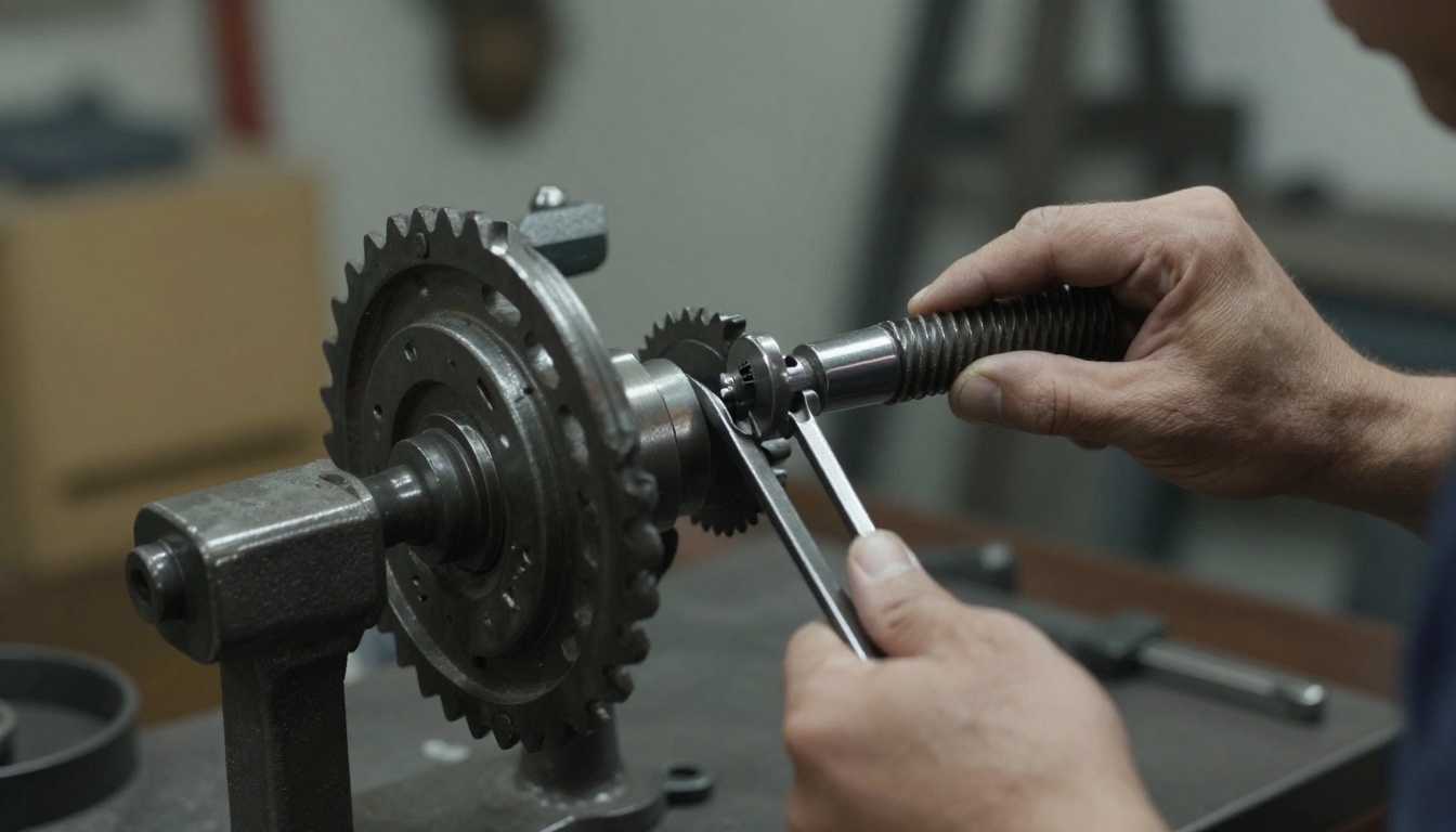 Mechanic truing a bicycle wheel on a workshop stand with calibrated spoke tools