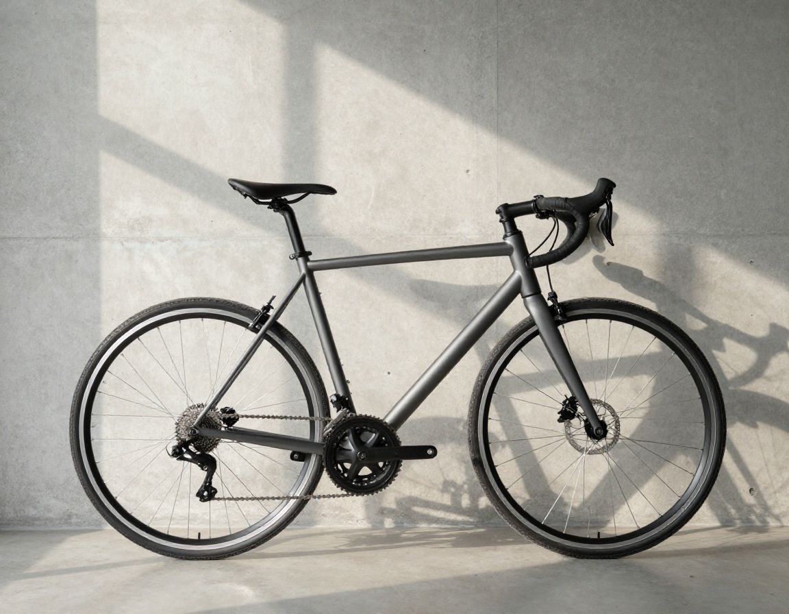 Matte steel commuter bicycle in workshop light