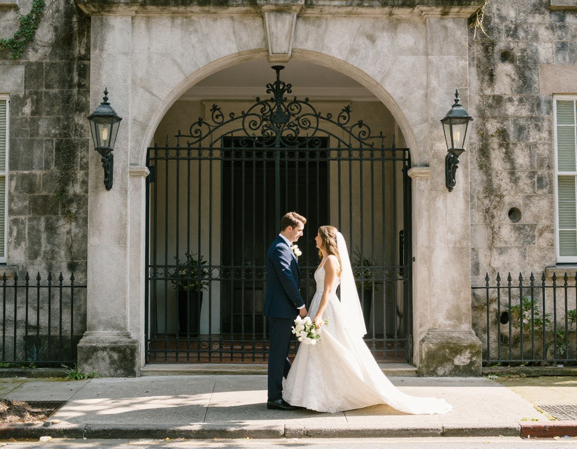 Bride and groom walking by historic Charleston wrought-iron gates in warm afternoon light