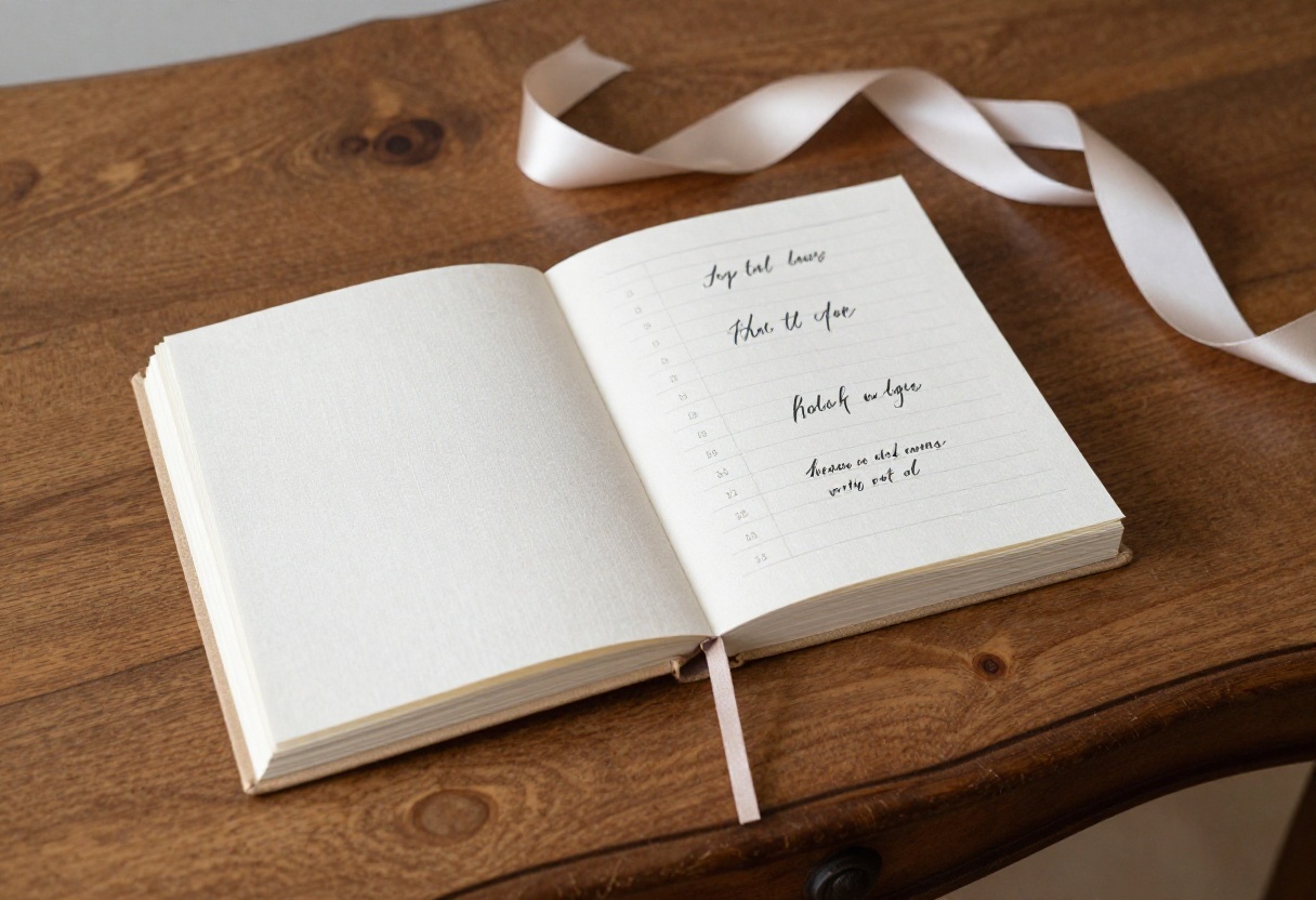 Archival planning documents, raw silk ribbon, and bespoke timeline cards on an antique pine table