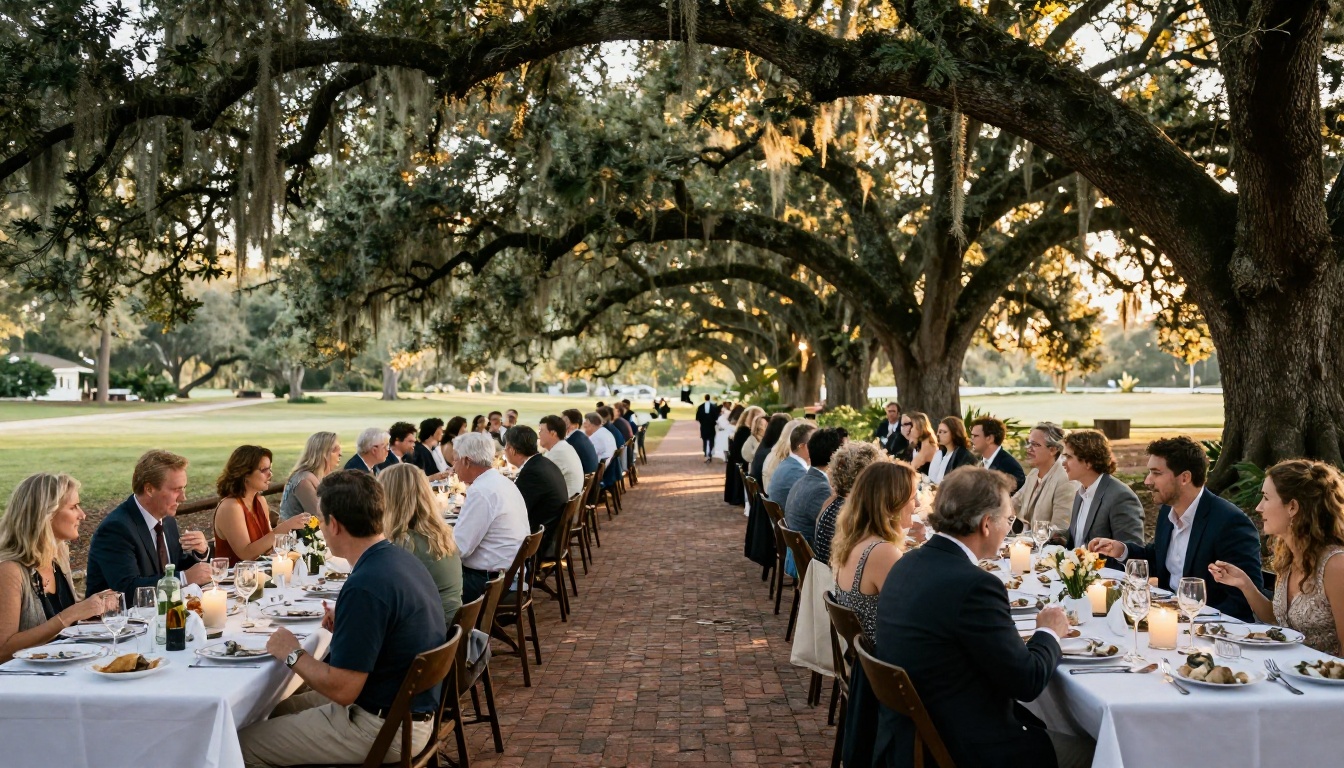 Charleston outdoor wedding dinner along historic brick paths under moss-draped live oaks