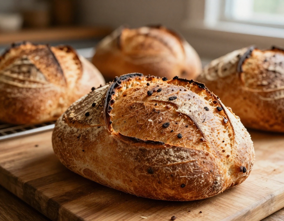 Freshly baked sourdough batards resting on wooden cooling racks