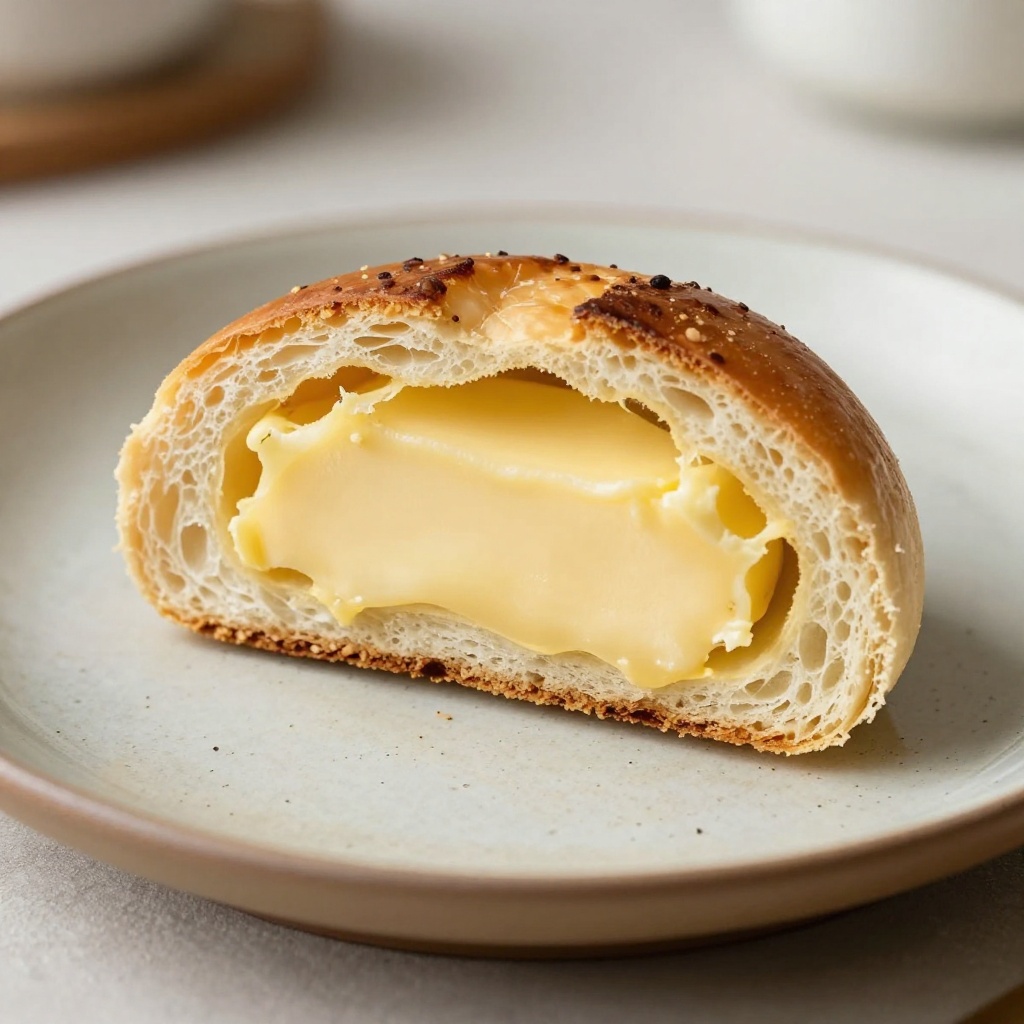 Cross section of a cardamom morning bun showing intricate open pastry lamination