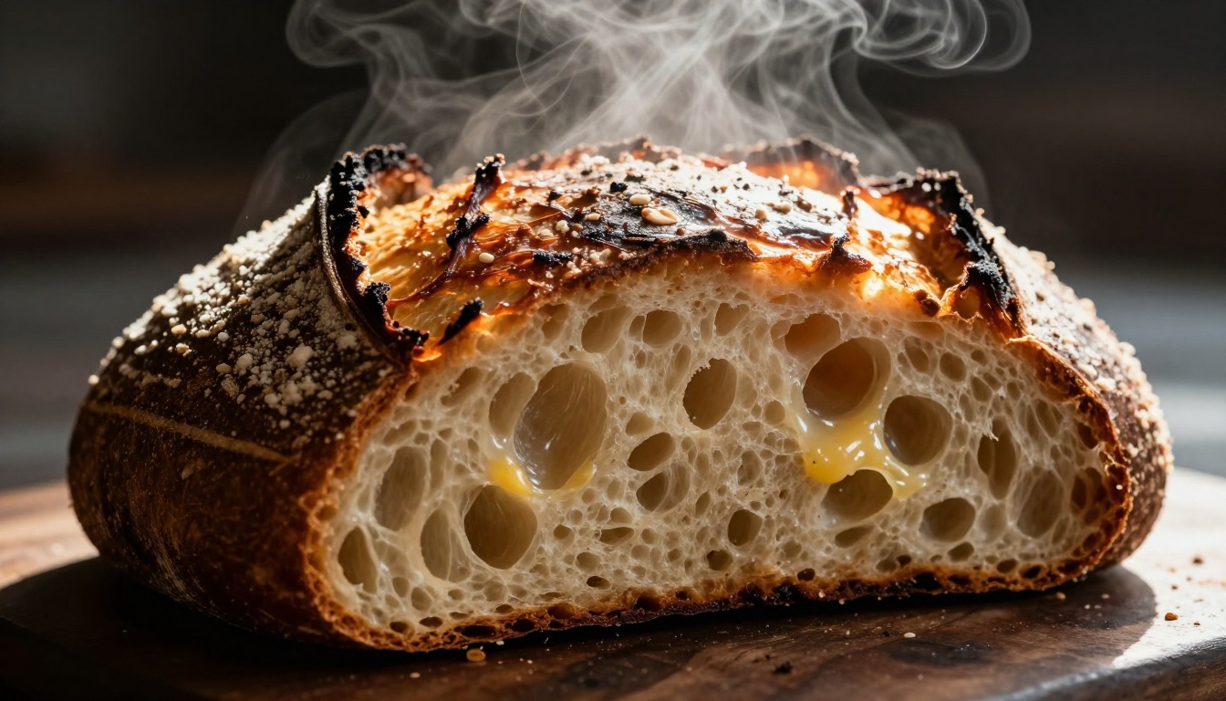 Steaming sourdough loaf torn open showing an airy crumb in the morning light