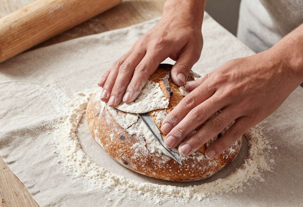Baker scoring a proofed sourdough loaf on a linen couche prior to oven loading