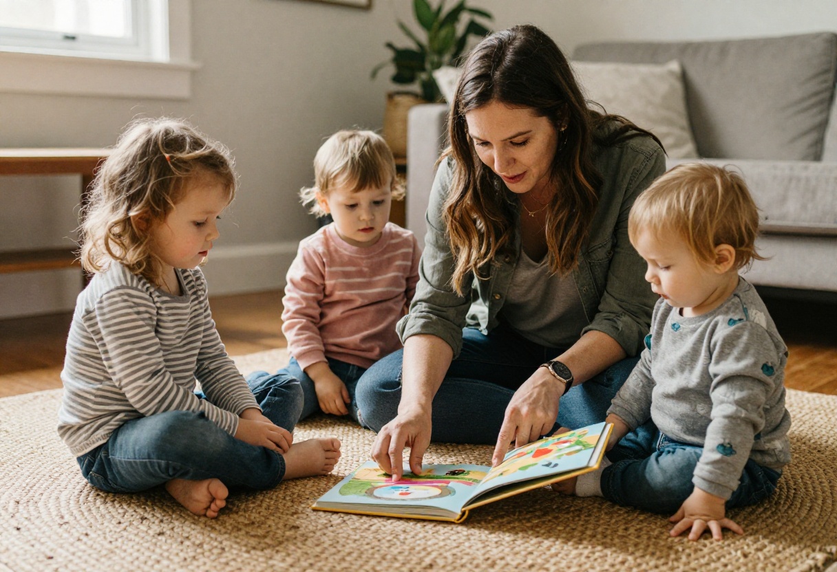 Educator and toddlers gathered closely on a floor rug sharing an illustrated storybook