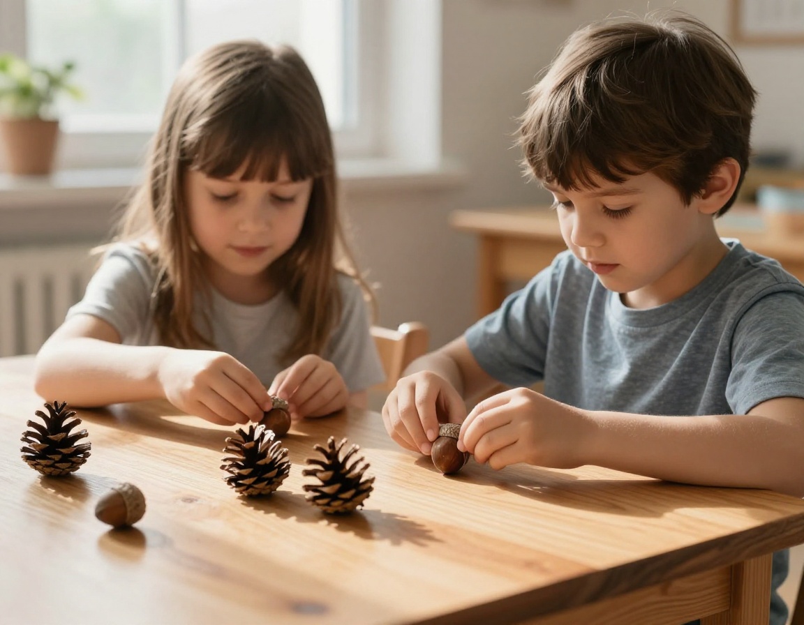 Two young children quietly examining wooden acorns and fir cones at a low natural cedar table