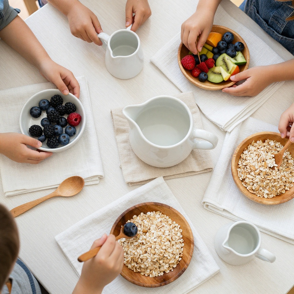 Preschool morning snack table arranged with wooden bowls of fruit and small ceramic pouring pitchers