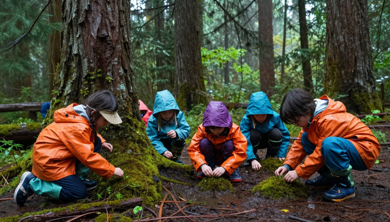 Preschool children exploring moss and puddle water beneath Douglas fir trees in rain gear
