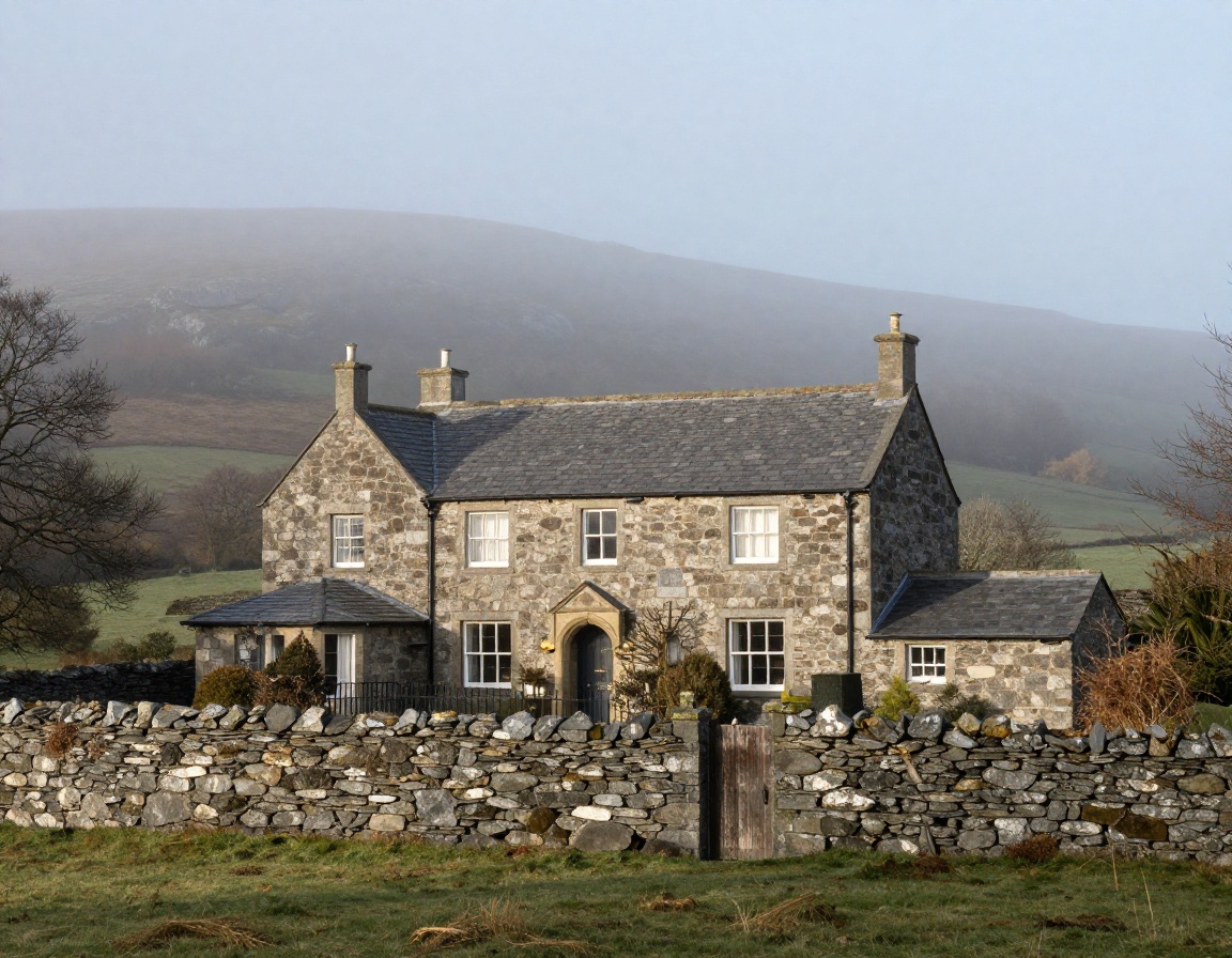 Fellside House stone exterior beneath misty Lake District fells in soft morning light