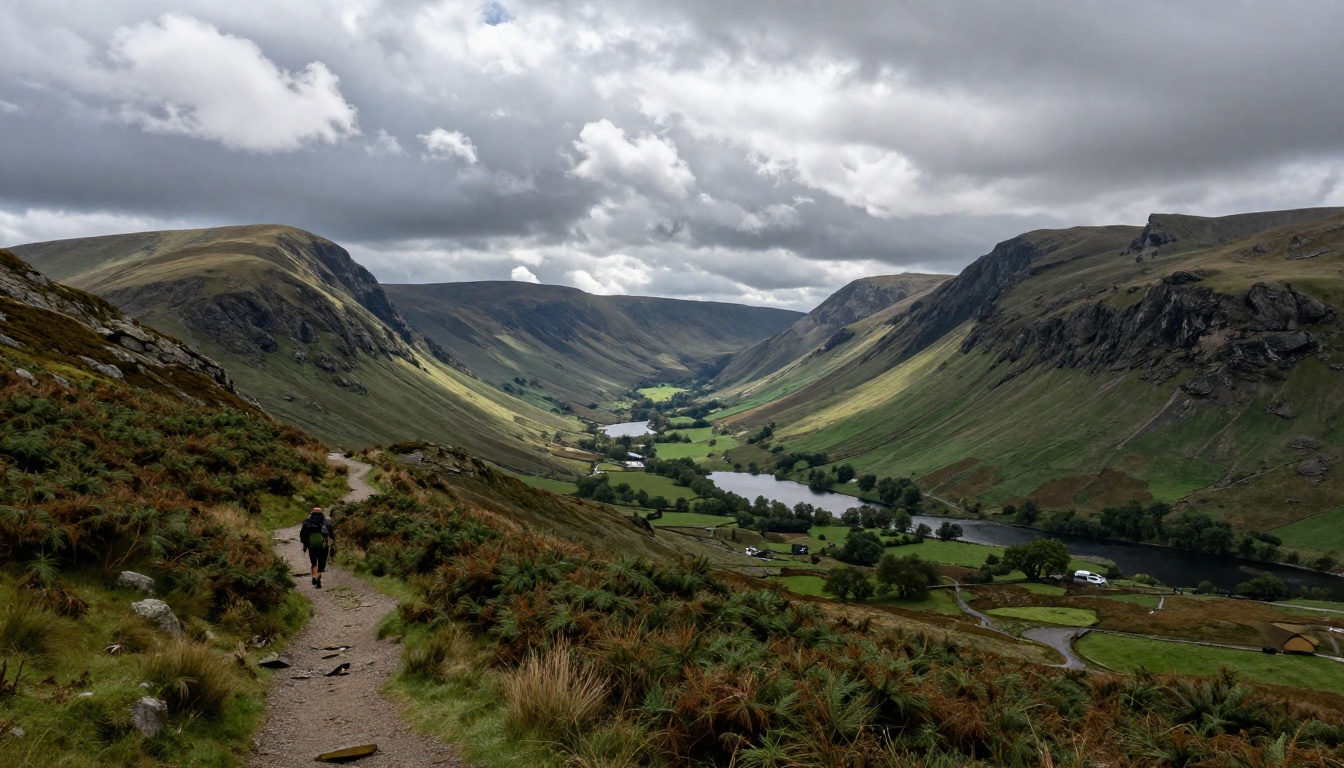 Sweeping Lake District walking track ascending through bracken toward a rugged mountain pass
