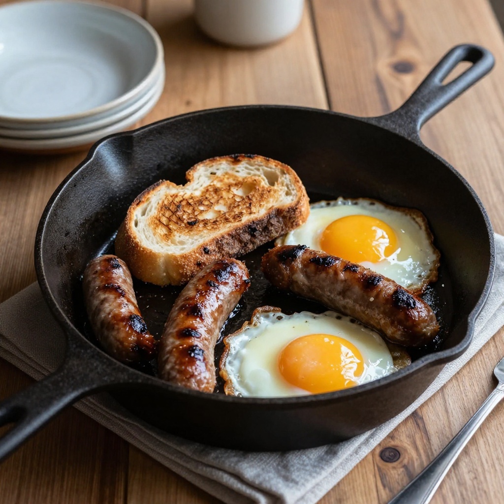 Tabletop breakfast spread with Cumberland sausage, griddled bread, and farm eggs in cast iron