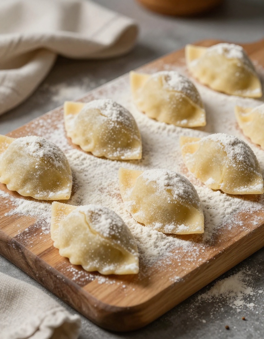 Floured wooden prep bench with freshly shaped agnolotti pasta under warm natural light