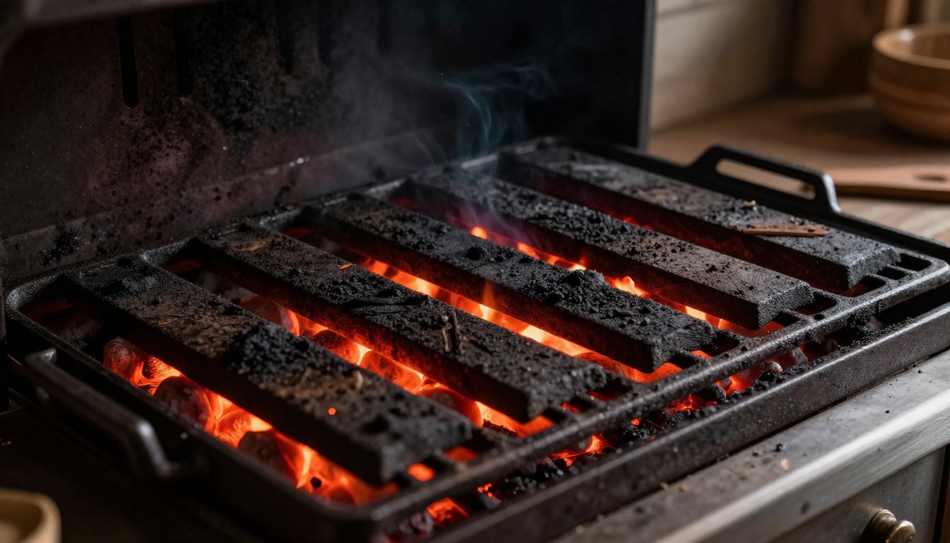 Cherry-wood embers and blackened iron grates glowing in the open hearth
