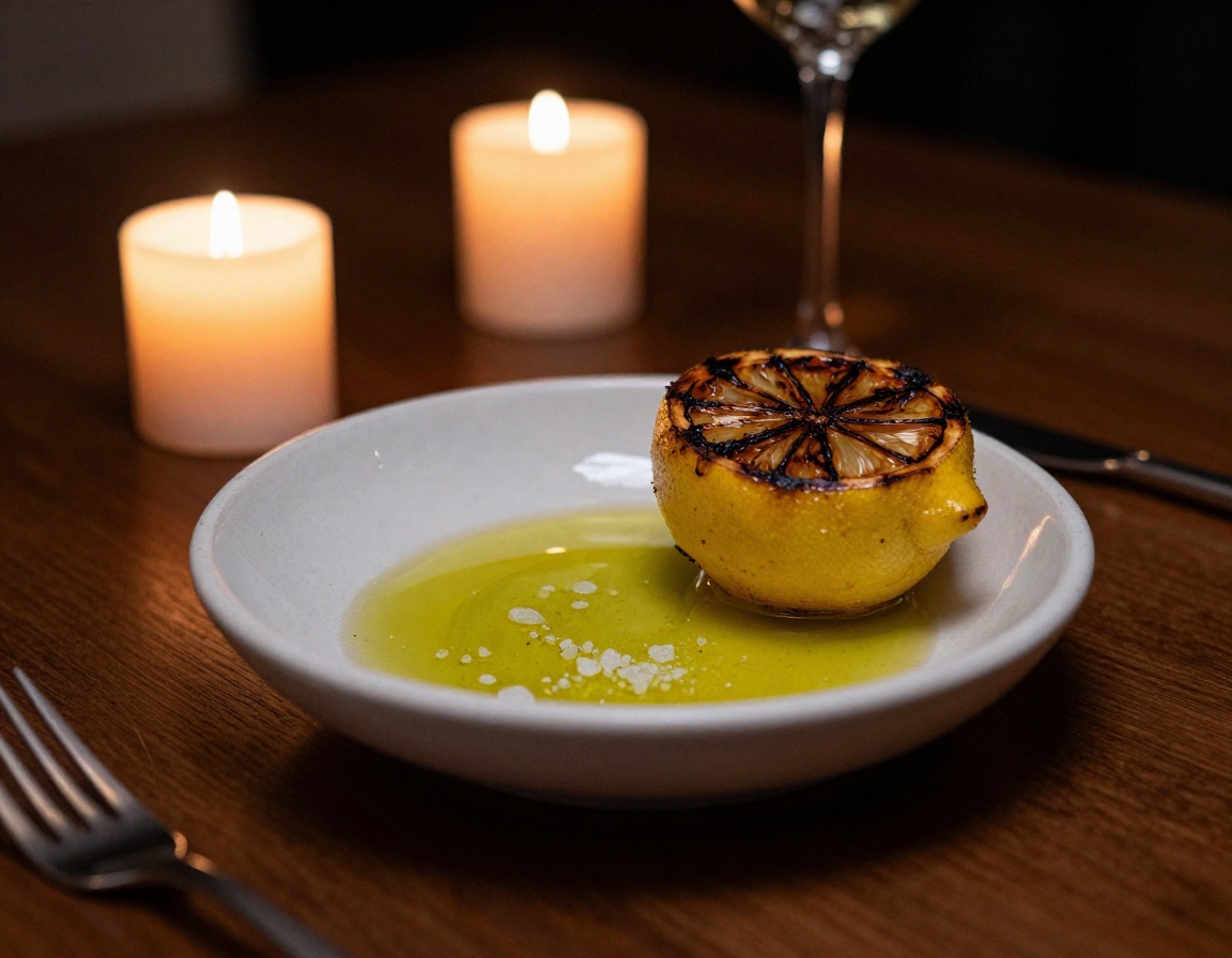 A charred hearth-finished bistecca resting on unglazed stoneware with olive oil, sea salt, and charred lemon