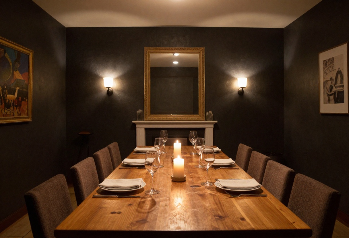 Private dining room at Osteria Vellano with a set oak long table illuminated by candlelight