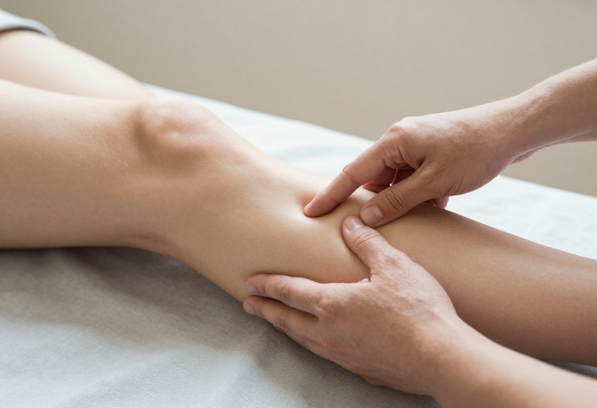 Tactile manual myofascial therapy applied to lower leg tendons on a clinical treatment plinth
