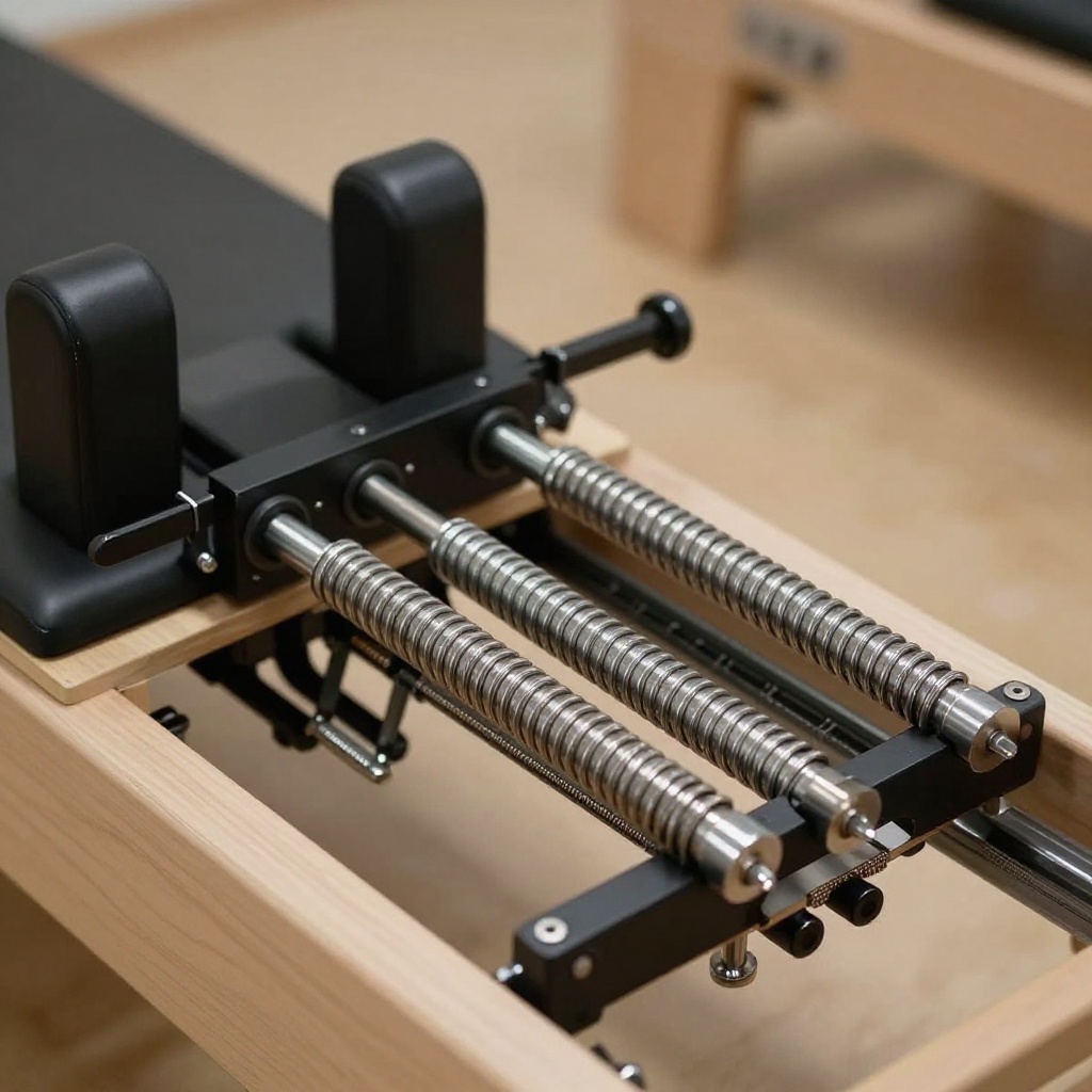 Machined aluminum resistance springs and calibrated carriage runners on clinical Pilates apparatus
