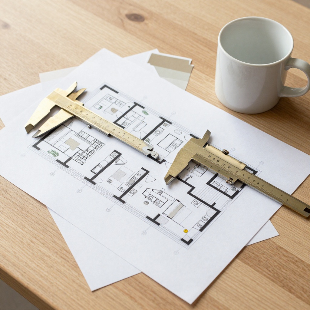 Architectural floorplan with brass drafting calipers and material swatches