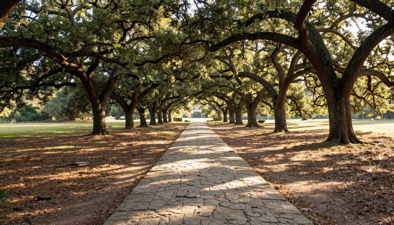 Morning light filtering through legacy live oaks onto a quiet limestone path in Austin