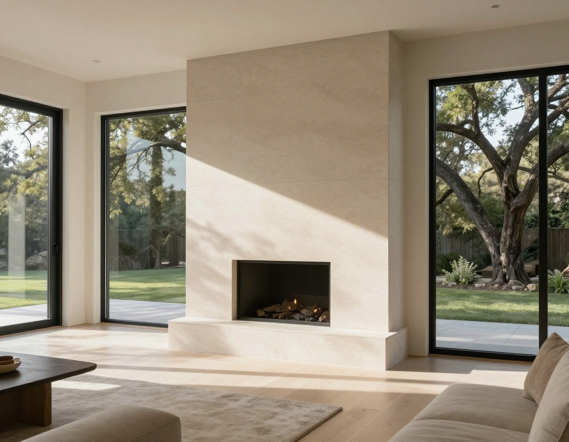 Austin architectural residence living space filled with morning light and limestone details