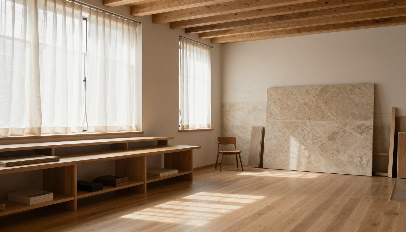 Lumen Core studio interior with textured limestone walls and natural linen drapery